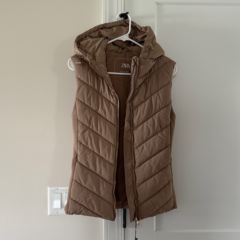 Zara Brown Quilted Hooded Puffer Vest